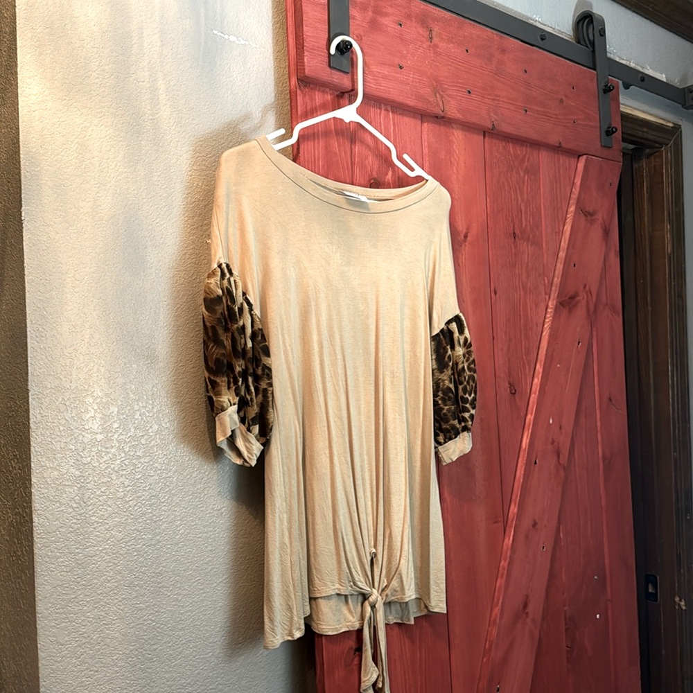 Vocal Beige Leopard Sleeve Tie-Front Blouse